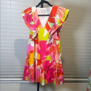 Crosby by Mollie Burch Pink, Lime & Coral Abstract Floral Ruffle Dress